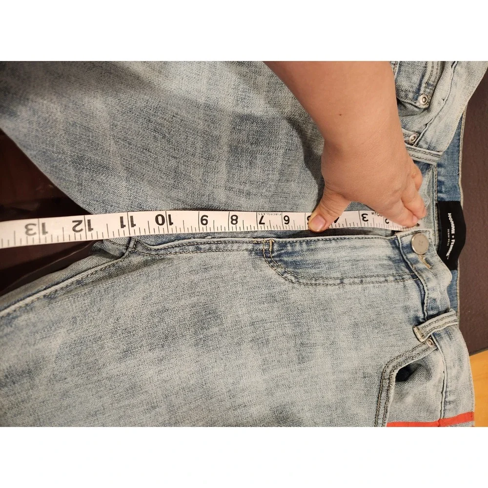 HOMME + FEMME Red Stripe Jeans Size 32 Logo Denim‎ Ankle Zip Distressed YKK